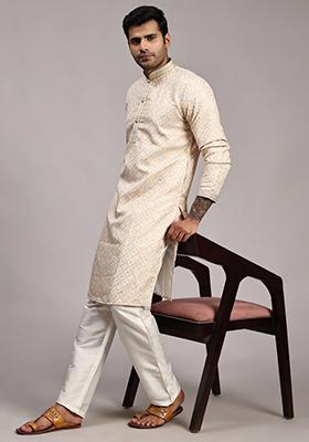 Cream Jacquard Viscose Jacquard Kurta For Men