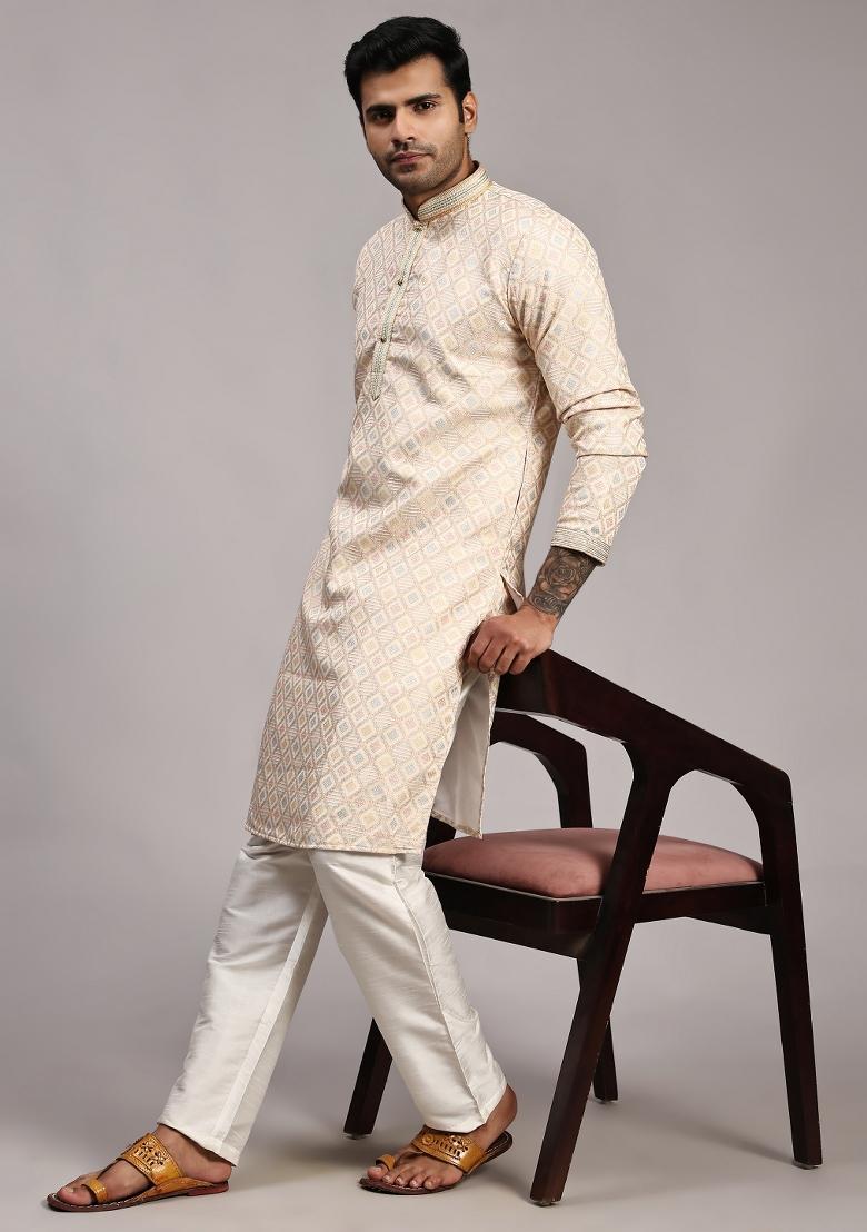 Cream Jacquard Viscose Jacquard Kurta For Men