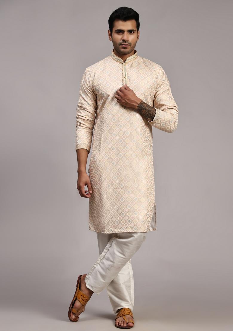 Cream Jacquard Viscose Jacquard Kurta For Men
