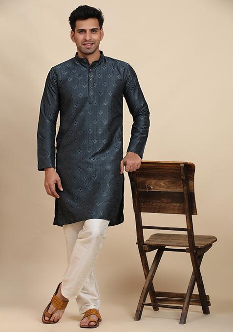 Navy Blue Jacquard Viscose Jacquard Kurta For Men