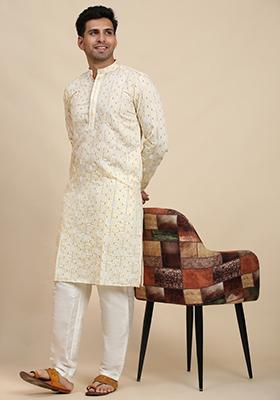 Cream Weaved Motif Viscose Rayon Kurta For Men