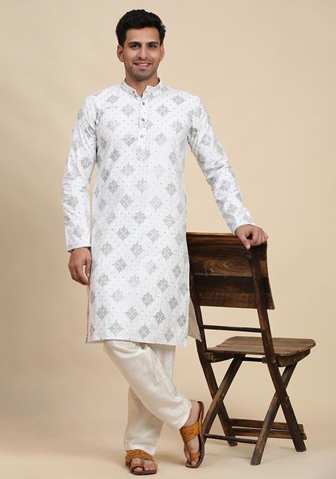 White Weaved Motif Cotton Kurta For Men