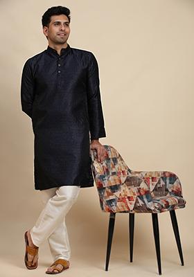 Navy Blue Jacquard Viscose Jacquard Kurta For Men