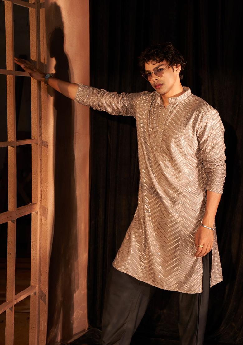 Dark Grey Embroidered Viscose Kurta For Men