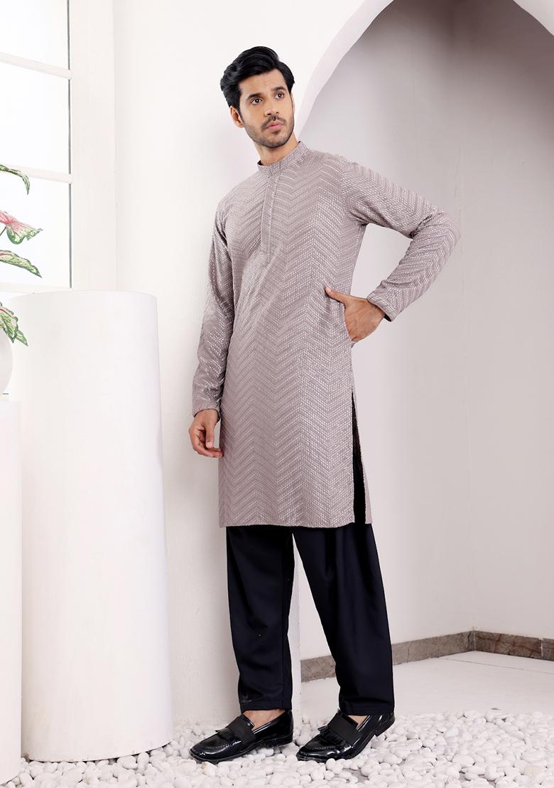 Dark Grey Embroidered Viscose Kurta For Men