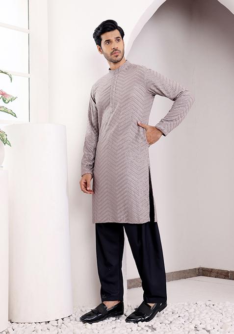 Dark Grey Embroidered Viscose Kurta For Men