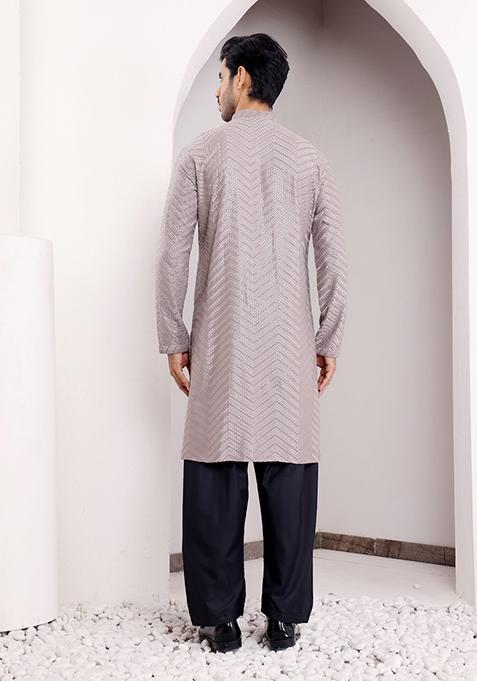 Dark Grey Embroidered Viscose Kurta For Men