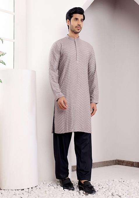 Dark Grey Embroidered Viscose Kurta For Men