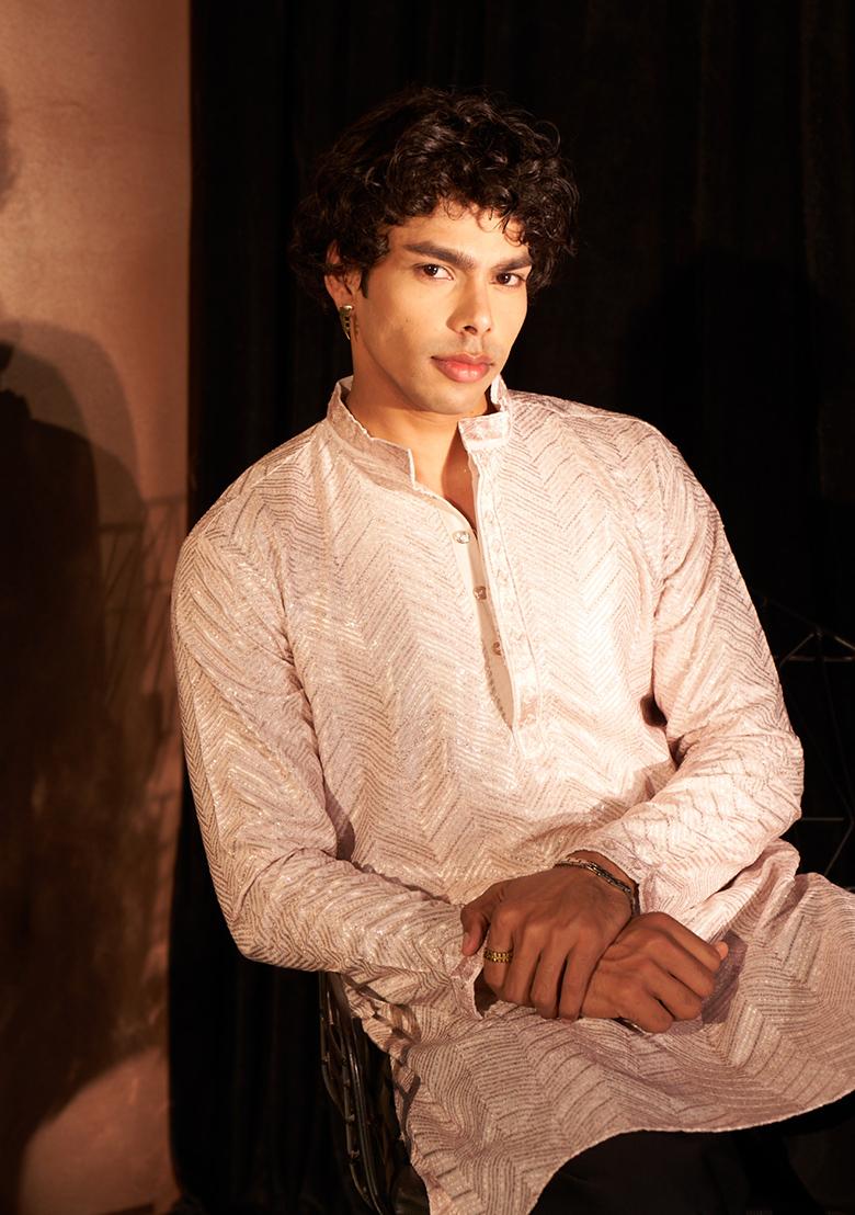 Light Pink Embroidered Georgette Kurta For Men