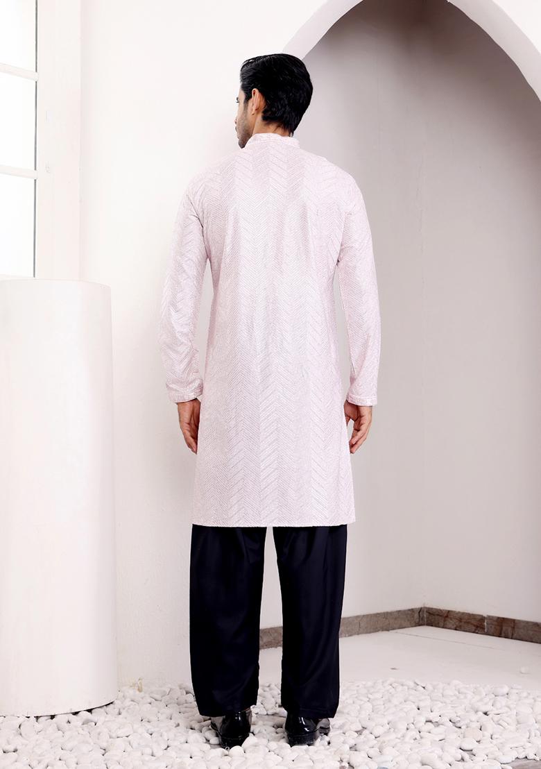 Light Pink Embroidered Georgette Kurta For Men