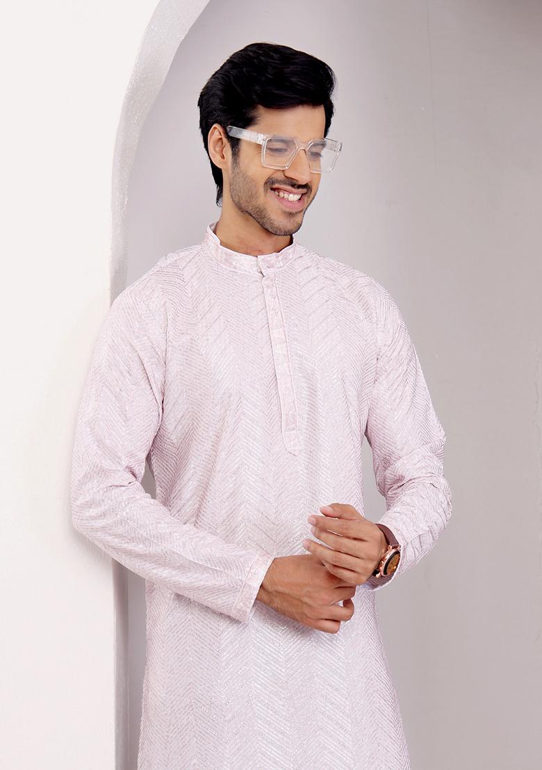 Light Pink Embroidered Georgette Kurta For Men