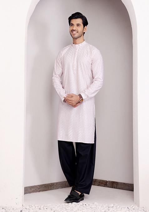 Light Pink Embroidered Georgette Kurta For Men