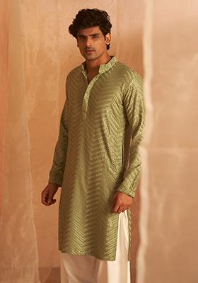 Pastel Green Embroidered Viscose Kurta For Men