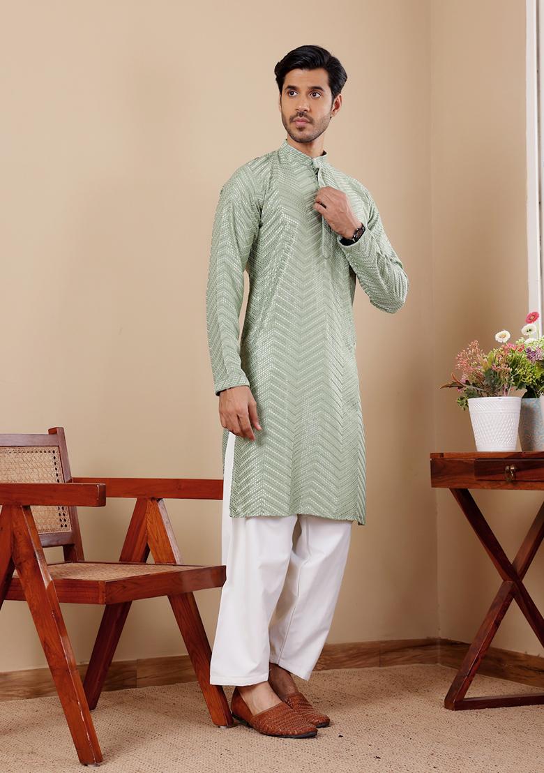 Pastel Green Embroidered Viscose Kurta For Men