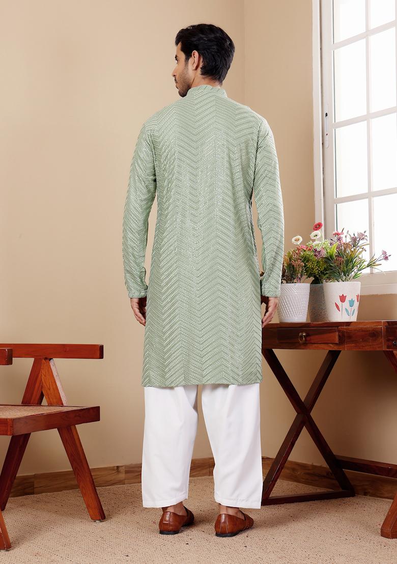 Pastel Green Embroidered Viscose Kurta For Men