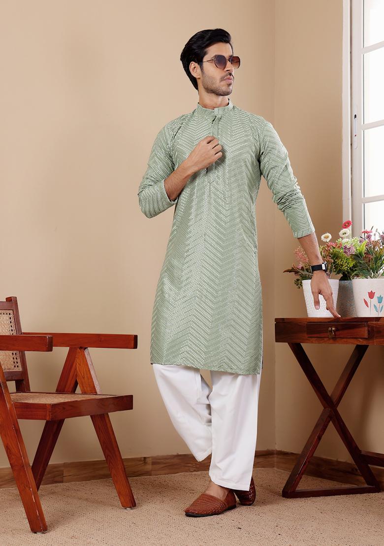 Pastel Green Embroidered Viscose Kurta For Men