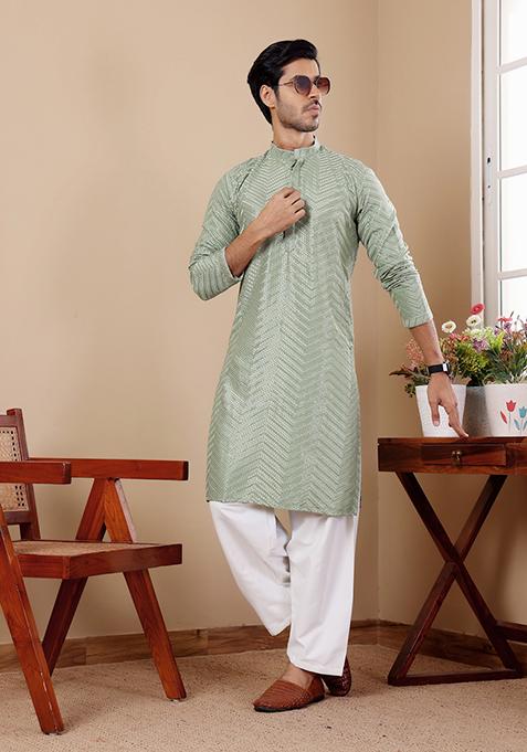 Pastel Green Embroidered Viscose Kurta For Men