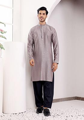Dark Grey Embroidered Viscose Kurta For Men