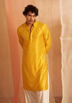 Yellow Embroidered Viscose Kurta For Men