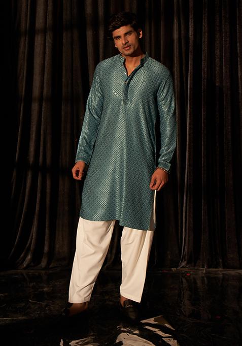 Cyan Blue Embroidered Viscose Kurta For Men