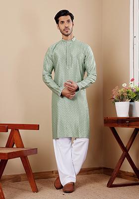 Pastel Green Embroidered Viscose Kurta For Men