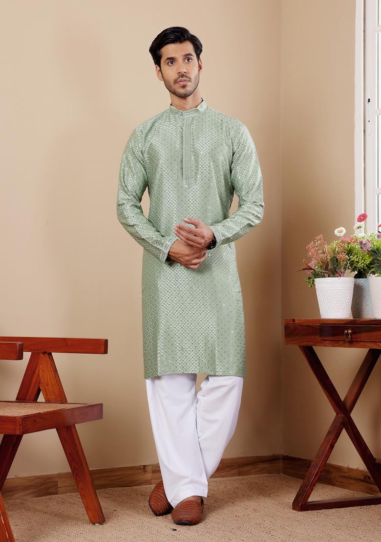 Pastel Green Embroidered Viscose Kurta For Men