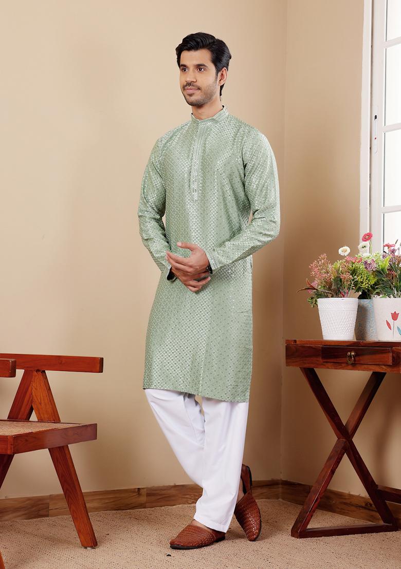 Pastel Green Embroidered Viscose Kurta For Men