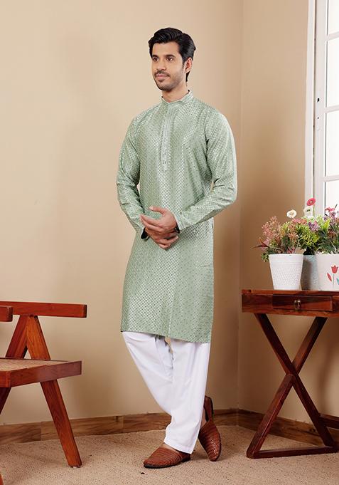 Pastel Green Embroidered Viscose Kurta For Men