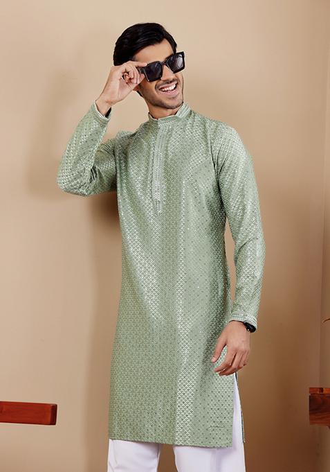 Pastel Green Embroidered Viscose Kurta For Men