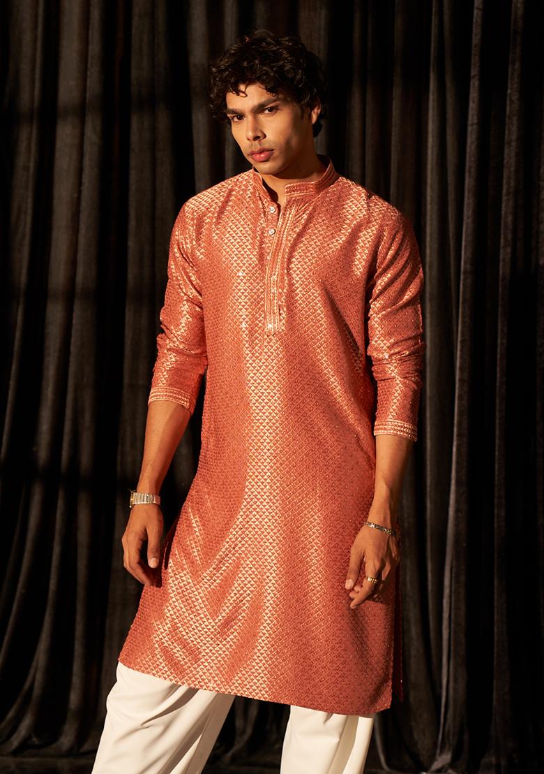 Pastel Red Embroidered Viscose Kurta For Men