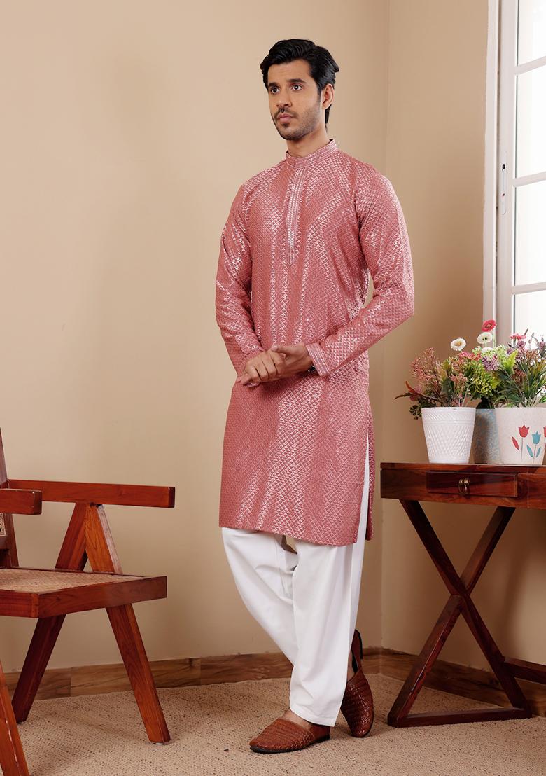 Pastel Red Embroidered Viscose Kurta For Men