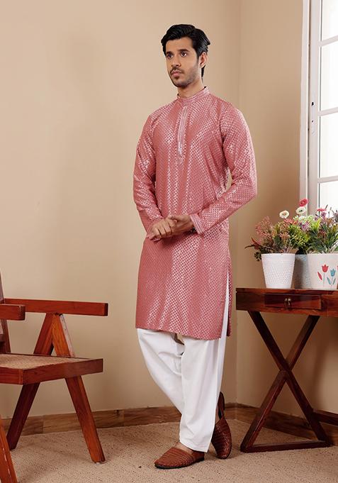 Pastel Red Embroidered Viscose Kurta For Men