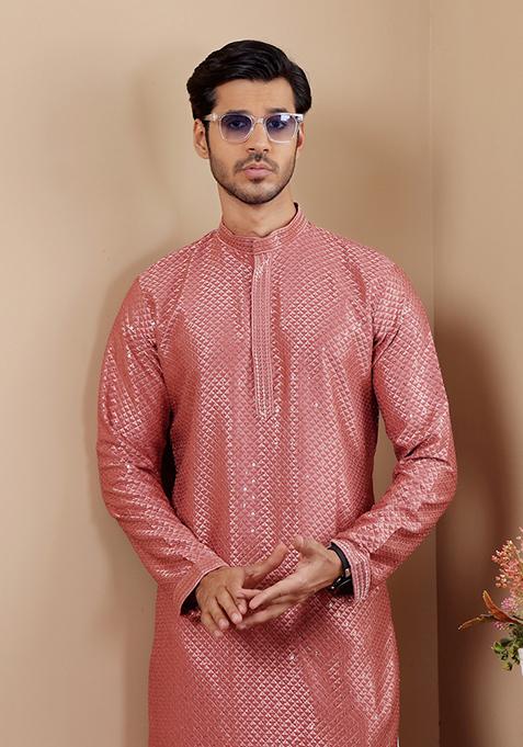 Pastel Red Embroidered Viscose Kurta For Men