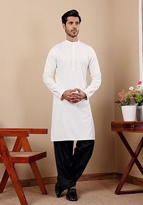 White Embroidered Viscose Kurta For Men