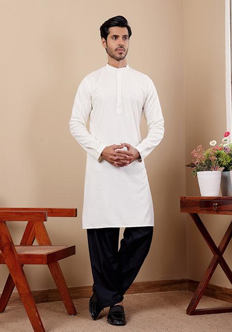 White Embroidered Viscose Kurta For Men
