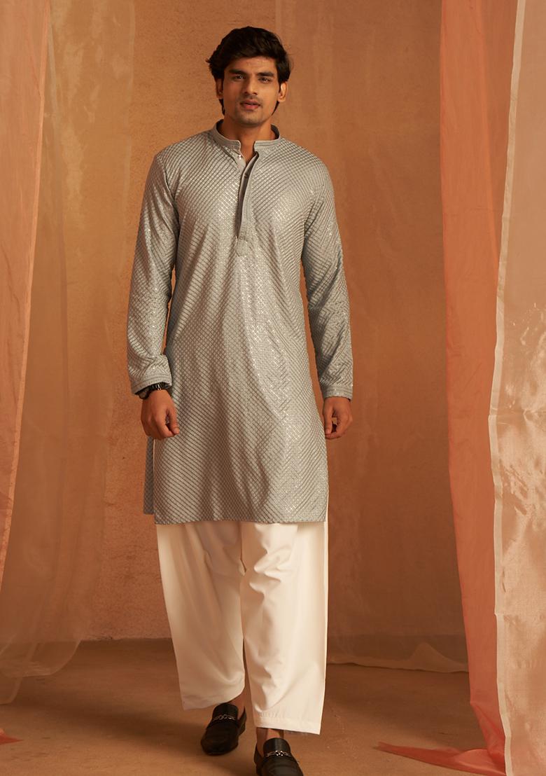 Baby Blue Embroidered Viscose Kurta For Men