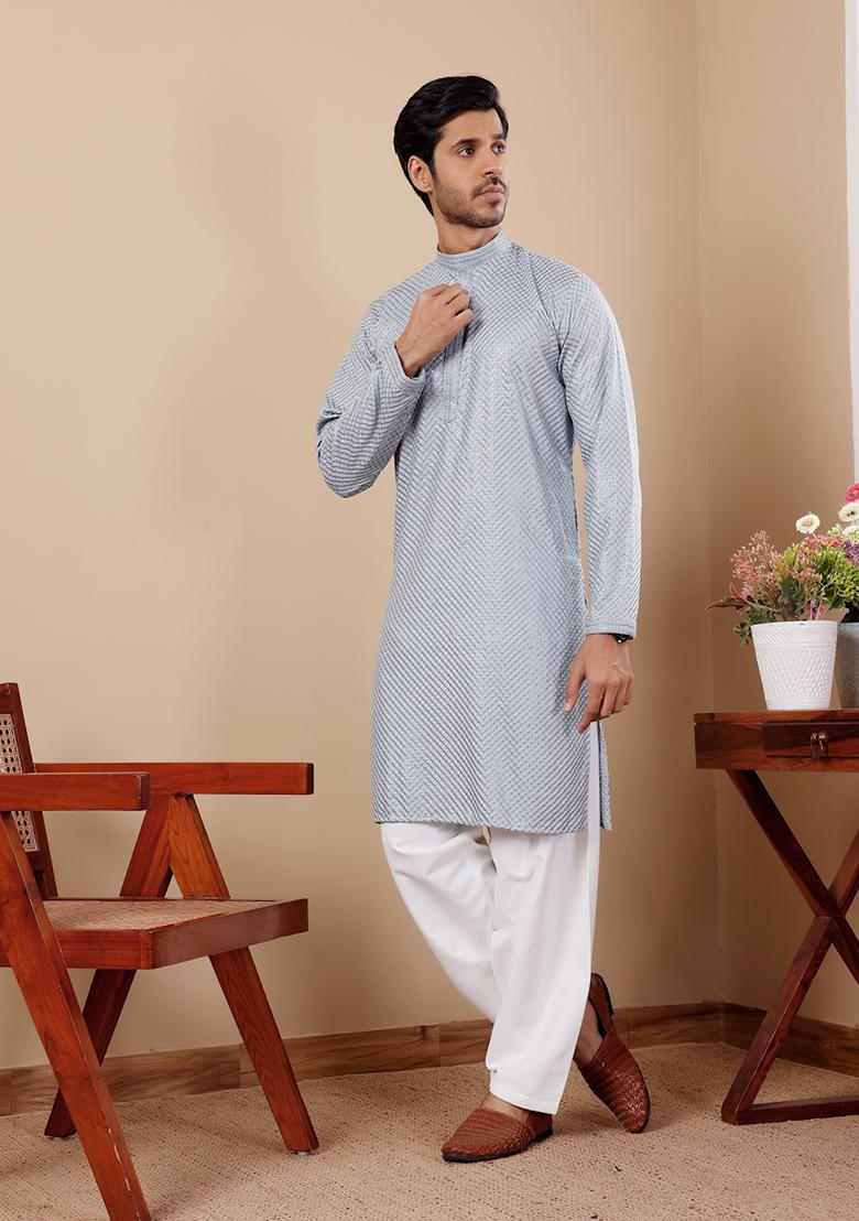 Baby Blue Embroidered Viscose Kurta For Men