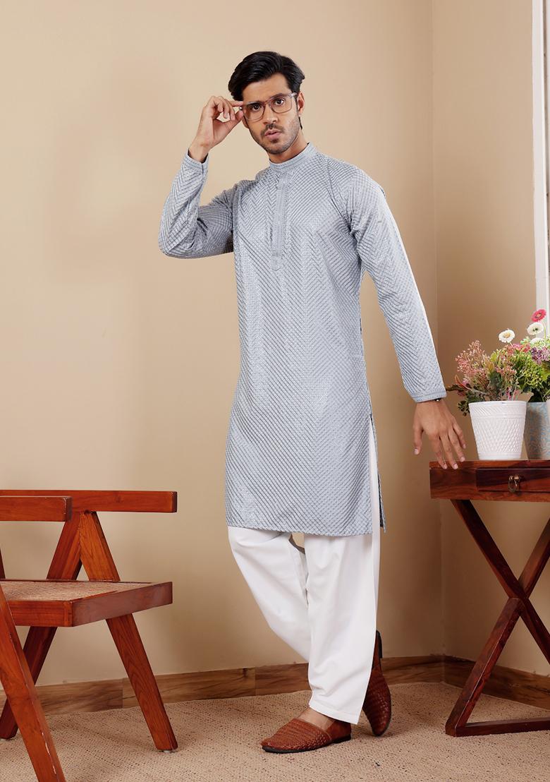 Baby Blue Embroidered Viscose Kurta For Men