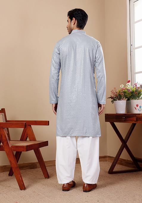 Baby Blue Embroidered Viscose Kurta For Men