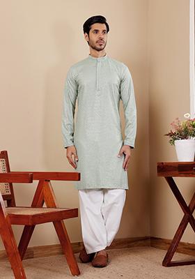 Light Pastel Green Embroidered Viscose Kurta For Men