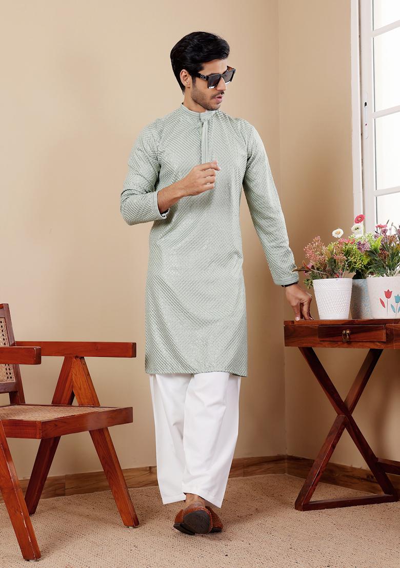 Light Pastel Green Embroidered Viscose Kurta For Men