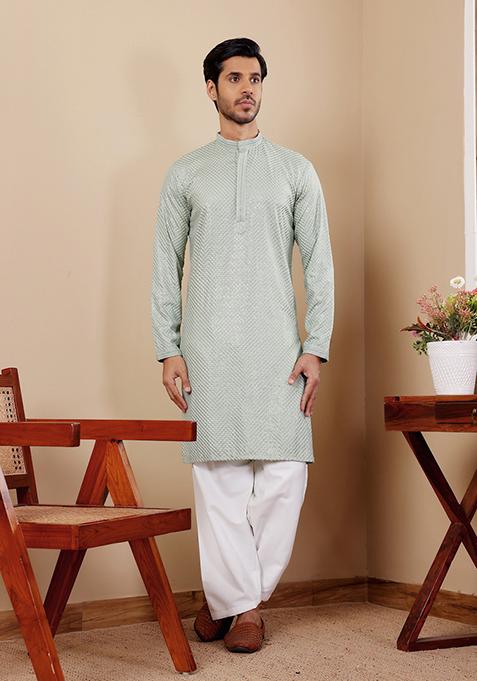 Light Pastel Green Embroidered Viscose Kurta For Men