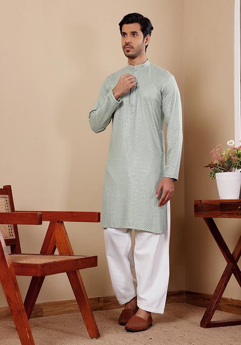 Light Pastel Green Embroidered Viscose Kurta For Men