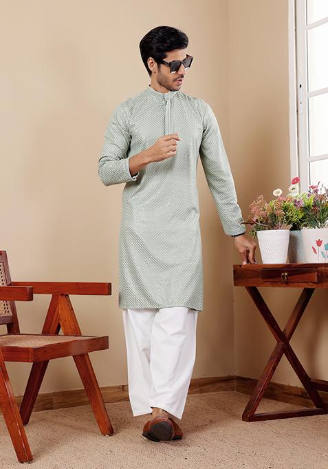 Light Pastel Green Embroidered Viscose Kurta For Men