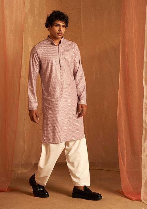 Lavender Embroidered Viscose Kurta For Men