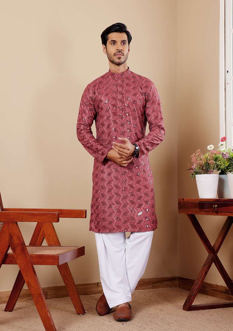 Berry Red Embroidered Viscose Kurta For Men - Indya