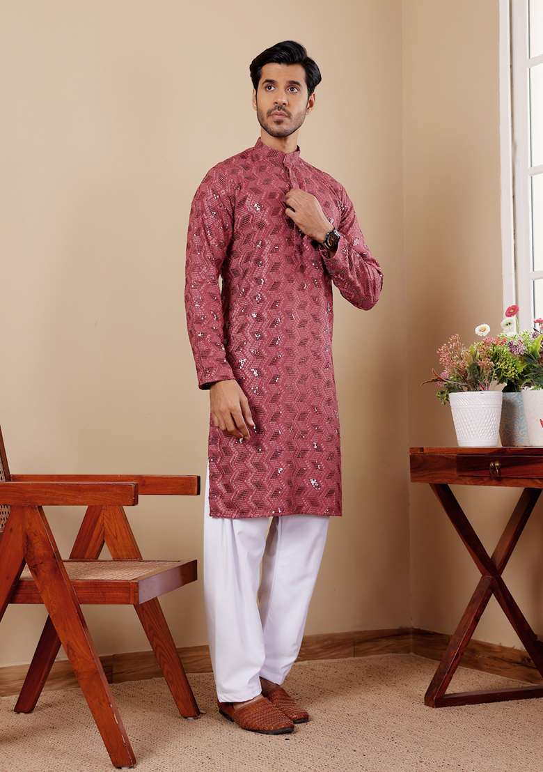 Berry Red Embroidered Viscose Kurta For Men - Indya