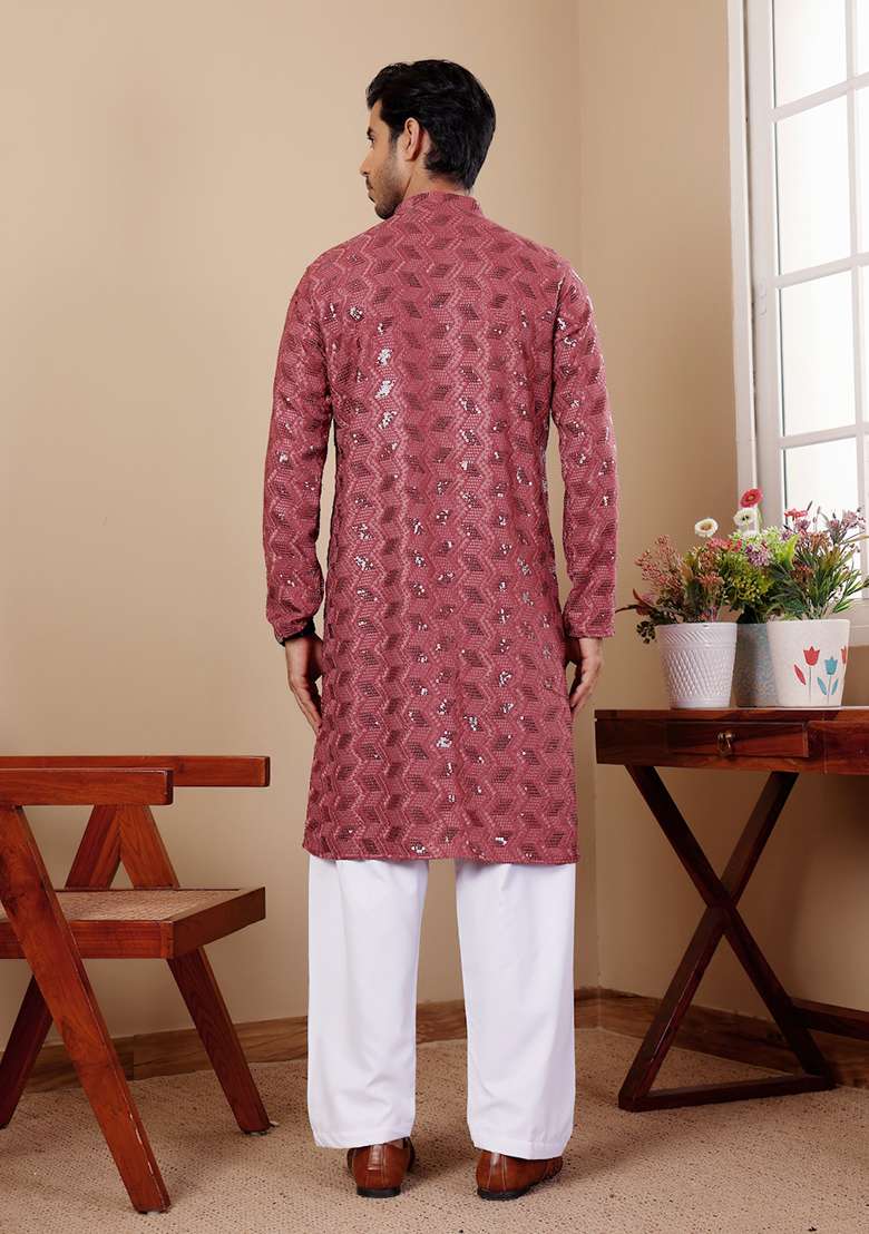 Berry Red Embroidered Viscose Kurta For Men - Indya