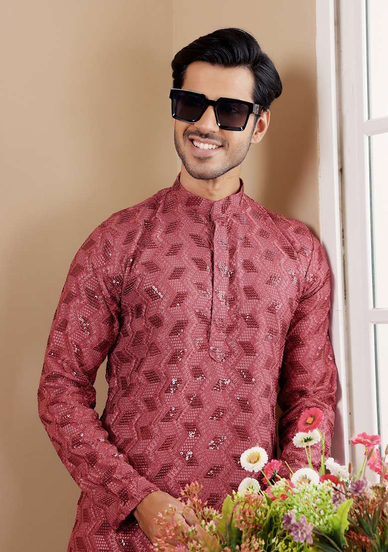 Berry Red Embroidered Viscose Kurta For Men - Indya