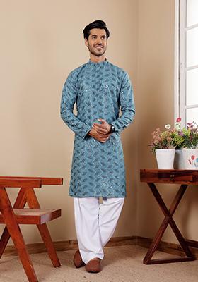 Cyan Blue Embroidered Viscose Kurta For Men